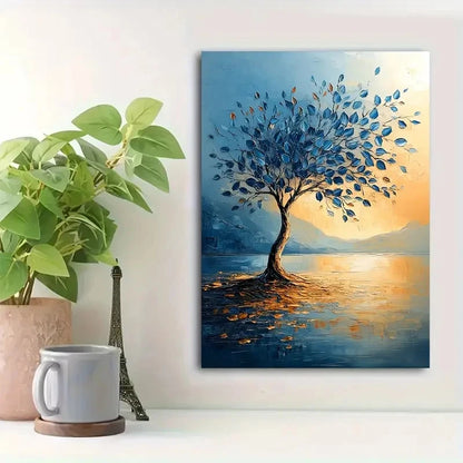 Beautiful Triple Sparse Blue Leaf Tree Painting 40x60cm Metal Print Ready to Hang