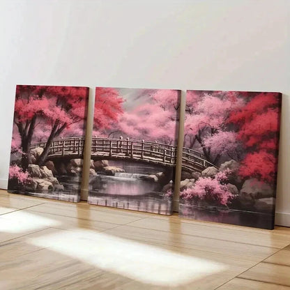 3pcs Japanese Style Cherry Blossom Tree & River Wall Art Set Canvas Framed 40x60cm - High Quality Print 100% Australian Made Wall Canvas Ready to Hang