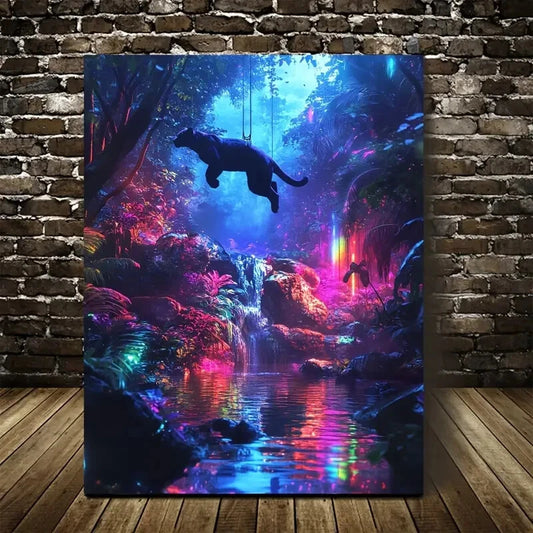 Cyberpunk Panther Jungle Painting 40x60cm Metal Print Ready to Hang
