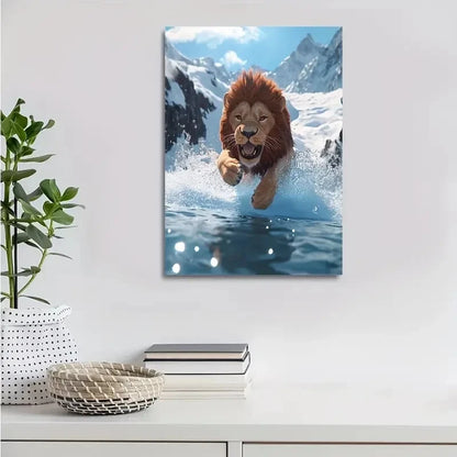 Beautiful Scene Of Lion Splashing in Water On Painting 40x60cm Metal Print Ready to Hang