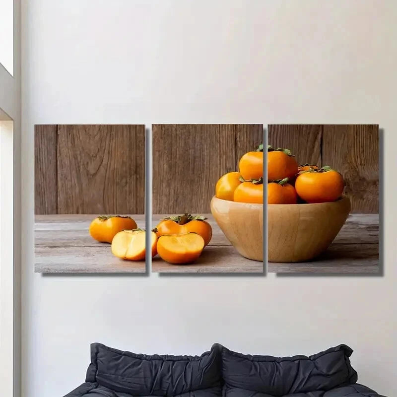 3pcs Vibrant Persimmon Fruit Design Metal Print Ready to Hang Art