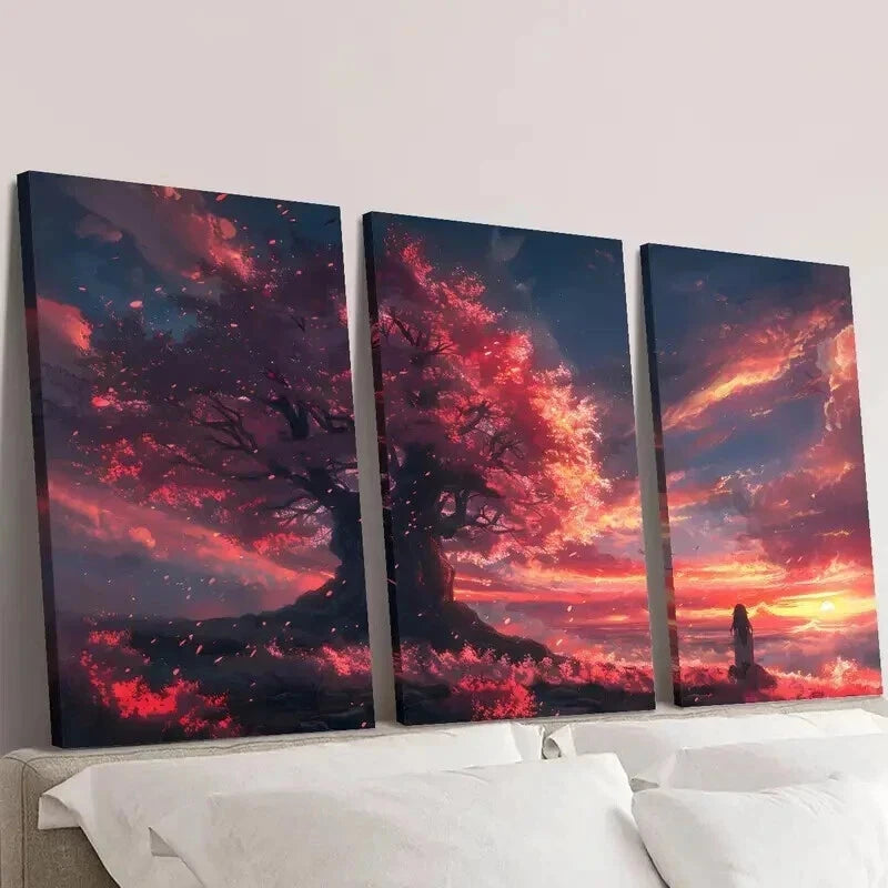 3pcs Girl Beneath a Cherry Blossom Tree Wall Art Set Canvas Framed 40x60cm - High Quality Print 100% Australian Made Wall Canvas Ready to Hang