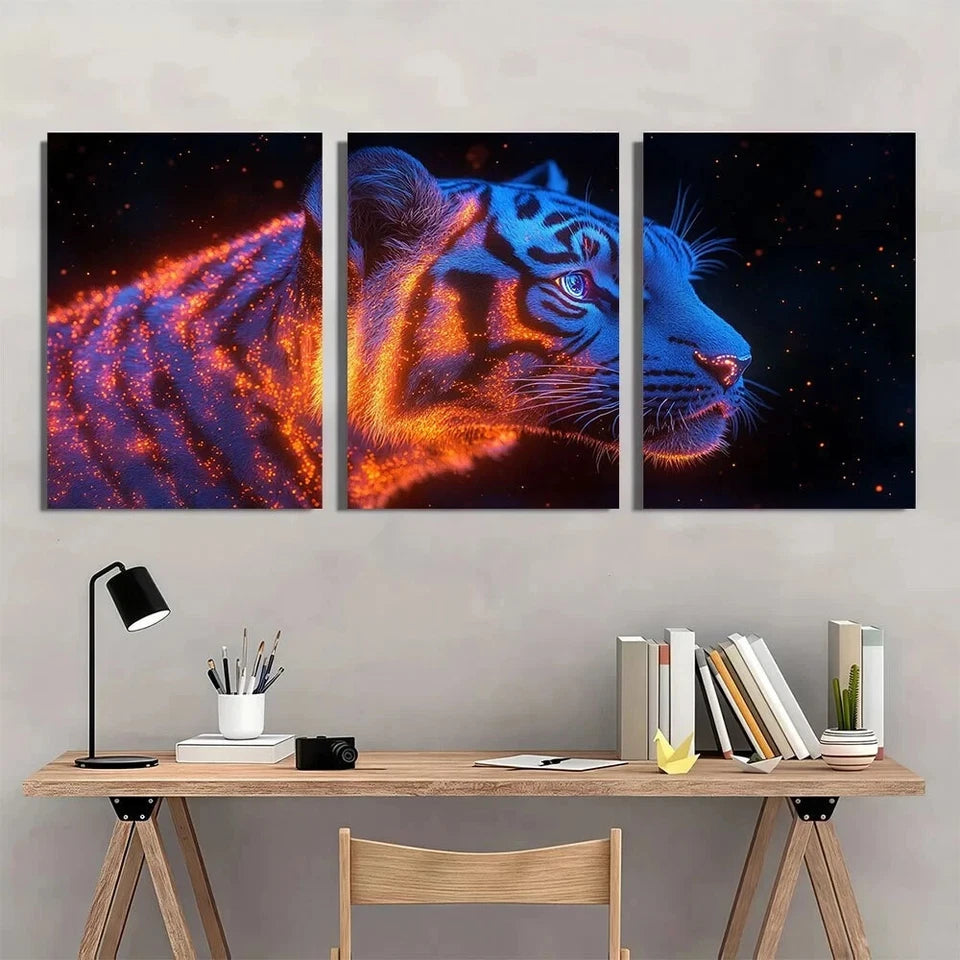 3pcs Fluorescent Tiger Animal Theme Metal Print Ready to Hang Art
