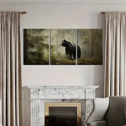 3pcs Majestic Black Bear In Misty Forest Wall Art Set Canvas Framed 40x60cm - High Quality Print 100% Australian Made Wall Canvas Ready to Hang