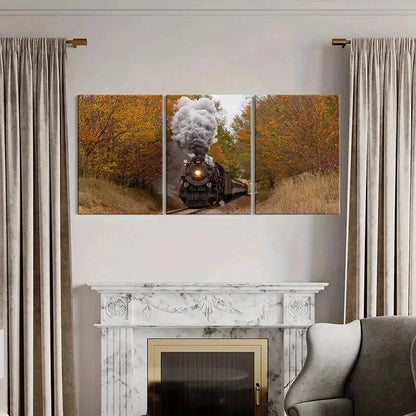 3pcs Vintage Steam Train  with Autumnal Trees  Wall Art Set Canvas Framed 40x60cm - High Quality Print 100% Australian Made Wall Canvas Ready to Hang