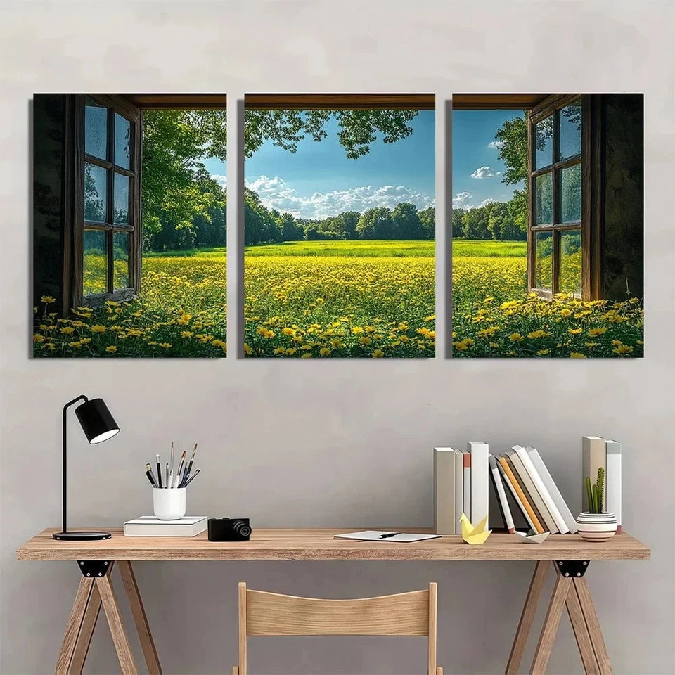 3pcs Serene Green Field & Blue Sky View Wall Art Set Canvas Framed 40x60cm - High Quality Print 100% Australian Made Wall Canvas Ready to Hang