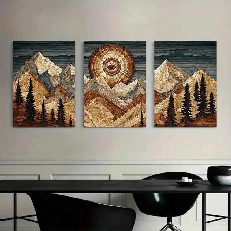 3pcs Abstract Mountain and Sunset Landscape Metal Print Ready to Hang Art