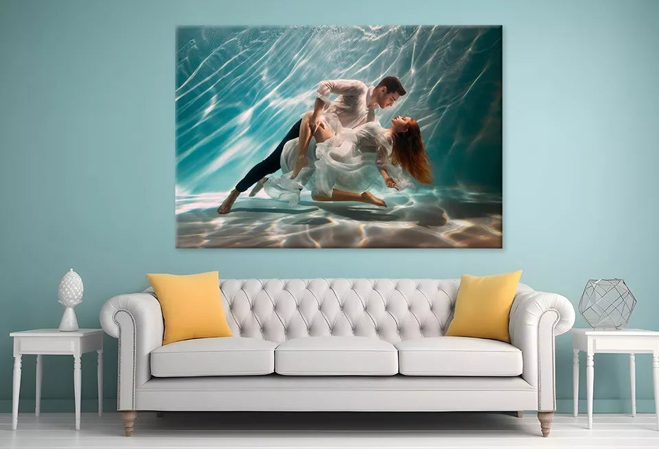 Happy Couple Swimming Underwater  Wall Art Decor 100% Australian Made