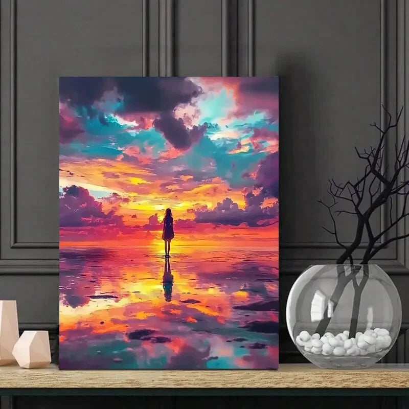 Girl Stands on The Beach, with Colorful Clouds Sky 40x60cm Metal Print Ready to Hang