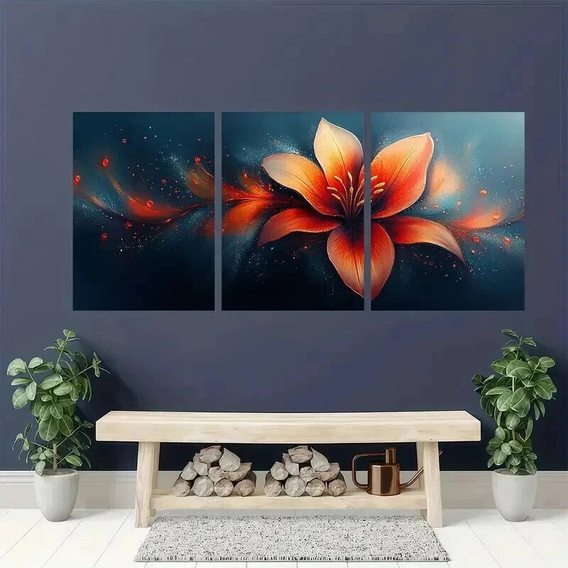 3pcs Flowy Lily Petals in Orange Red & Blue Wall Art Set Canvas Framed 40x60cm - High Quality Print 100% Australian Made Wall Canvas Ready to Hang