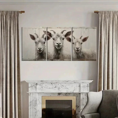3pcs White Goats with Horns & Expressive Eyes Wall Art Canvas Unframed - High Quality Print 100% Australian Made Wall Canvas