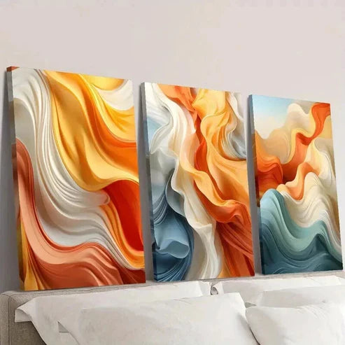 3pcs Orange and White Flowing Waves Wall Art Canvas Unframed - High Quality Print 100% Australian Made Wall Canvas