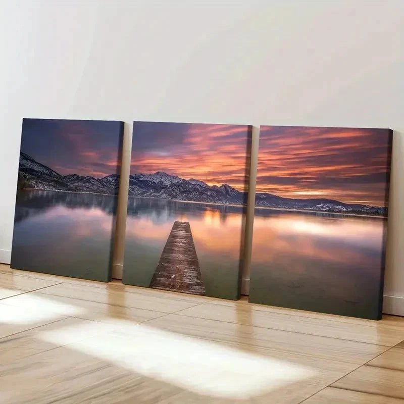 3pcs Landscape with Sunset Mountains & Lakes Wall Art Set Canvas Framed 40x60cm - High Quality Print 100% Australian Made Wall Canvas Ready to Hang