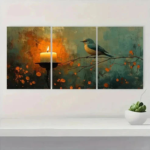 3pcs Whimsical Bluebird & Candle Holder Wall Art Set Canvas Unframed – High Quality Print, 100% Australian Made Wall Canvas