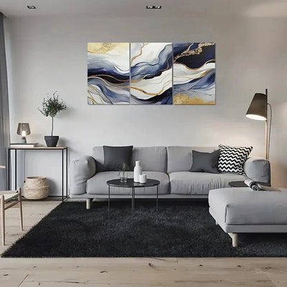 3pcs Blue White and Golden Abstract Metal Print Ready to Hang Art