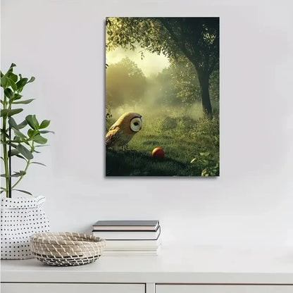 Enchanted Owl & Ball Scene in Misty Green Painting 40x60cm Metal Print Ready to Hang