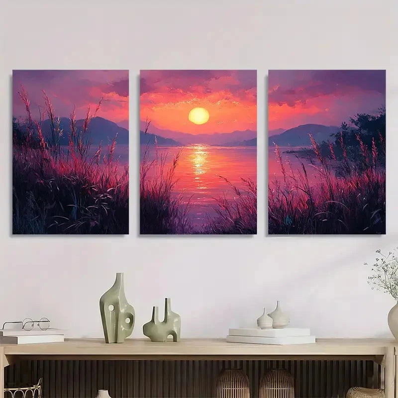 3pcs Soothing Sunrise Gouache Lilac Perfect Wall Art Set Canvas Framed 40x60cm - High Quality Print 100% Australian Made Wall Canvas Ready to Hang