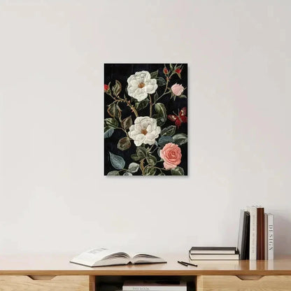 Floral painting on a wall above a wooden shelf with books.