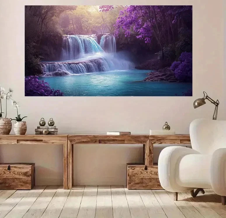 Retro Purple Waterfall Nature Wall Art Canvas Office Home Room Framed 120x60cm