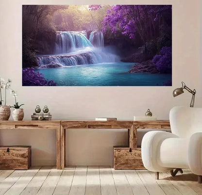 Retro Purple Waterfall Nature Wall Art Canvas Office Home Room Framed 120x60cm