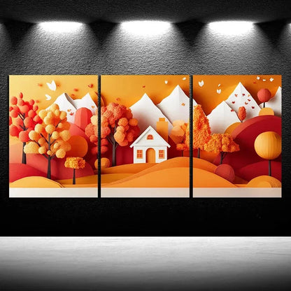 3pcs Mountains And Cabins Colourful Metal Print Ready to Hang Art