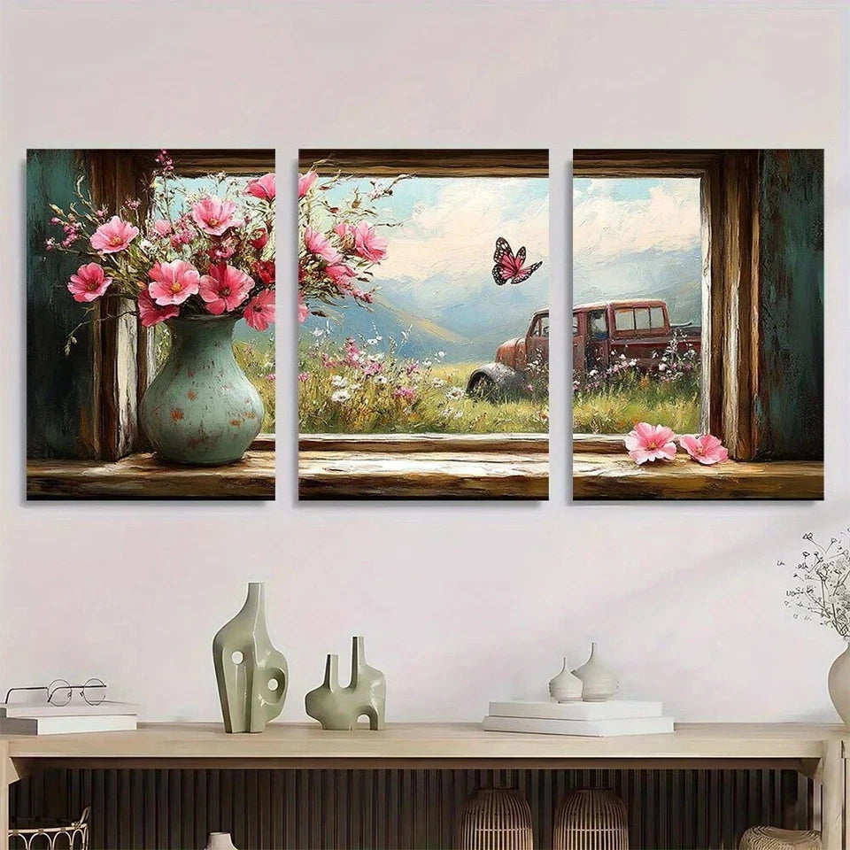 3pcs Rustic Farmhouse Window Scene Metal Print Ready to Hang Art