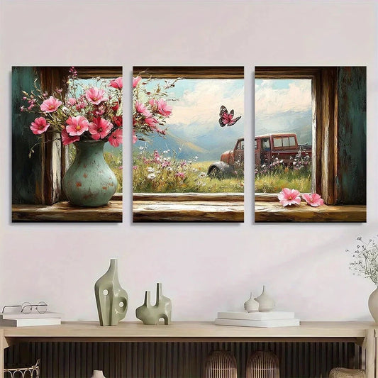 3pcs Rustic Farmhouse Window Scene Metal Print Ready to Hang Art