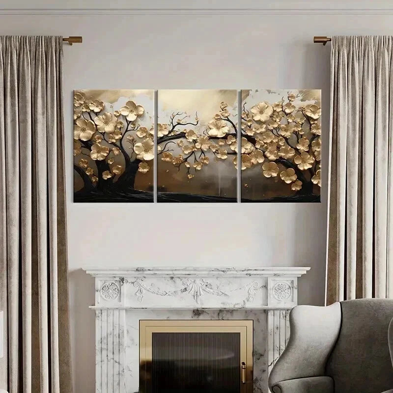 3pcs Abstract Golden Leaves Tree Modern Elegance Wall Art Set Canvas Framed 40x60cm - High Quality Print 100% Australian Made Wall Canvas Ready to Hang