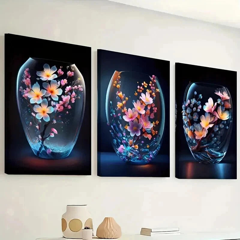 3pcs Modern Floral Flower Blue & Orange Perfect Wall Art Set Canvas Framed 60x90cm - High Quality Print 100% Australian Made Wall Canvas Ready to Hang
