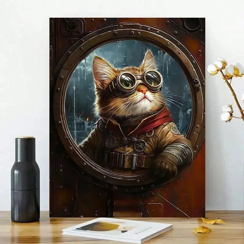 Steampunk Cat Glass Red  40x60cm Metal Print Ready to Hang