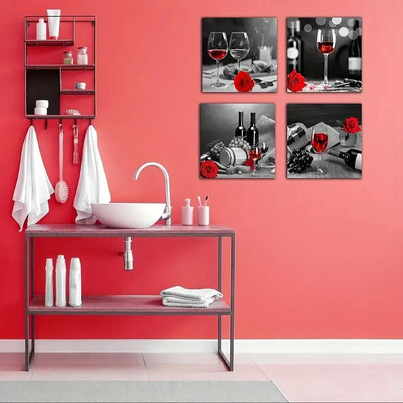 4pcs  Featuring Red Wine, Black And White Modern Wall Art Canvas Framed
