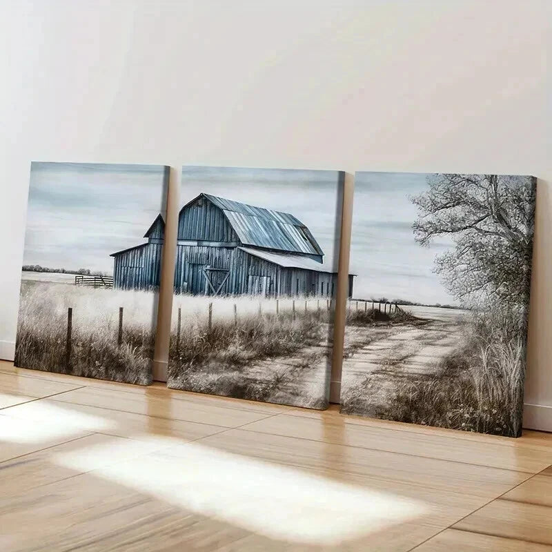 3pcs Rustic Blue Barn Farmhouse Decor Wall Art Set Canvas Framed 40x60cm - High Quality Print 100% Australian Made Wall Canvas Ready to Hang