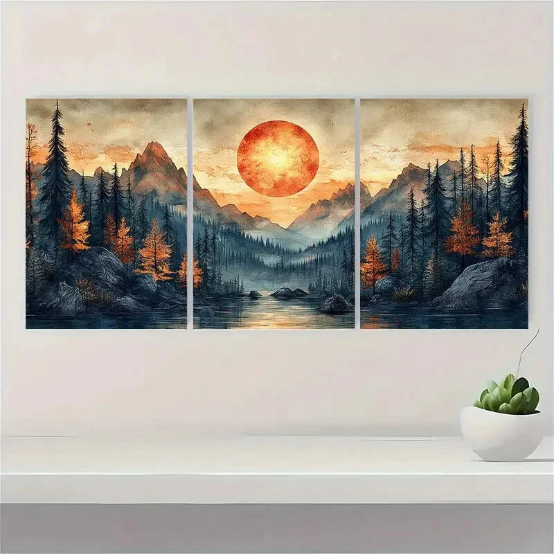 3pcs Abstract Sun Mountain Forest Nature Metal Print Ready to Hang Art