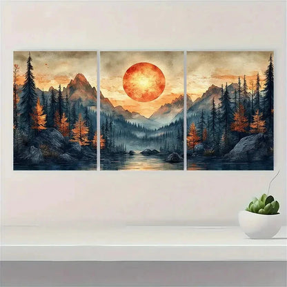 3pcs Abstract Sun Mountain Forest Nature Metal Print Ready to Hang Art
