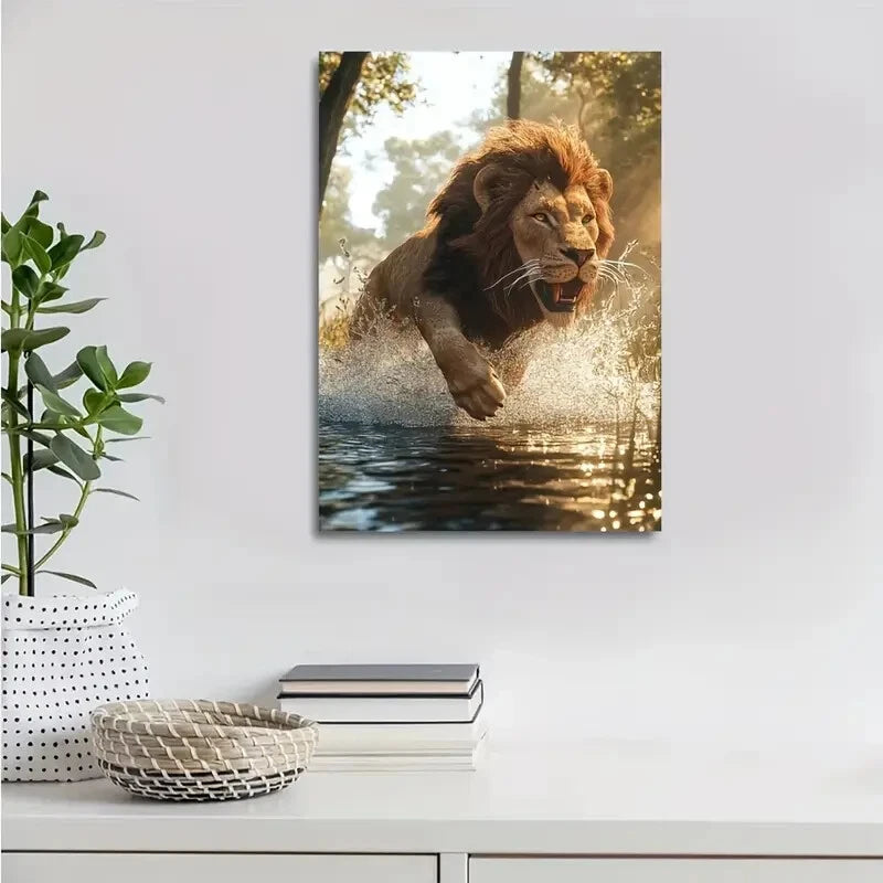 Steampunk Lion Splashing In Water On Sunny 40x60cm Metal Print Ready to Hang