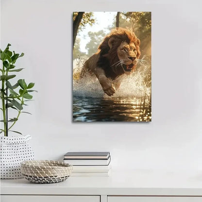 Steampunk Lion Splashing In Water On Sunny 40x60cm Metal Print Ready to Hang