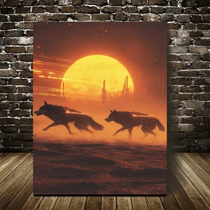 Dramatic Wolves & Glowing Orange Sky Scene Painting 40x60cm Metal Print Ready to Hang