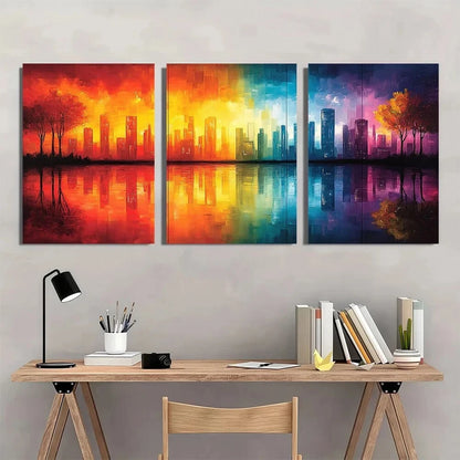 3pcs Colorful Grid Fashionable Red Yellow Metal Print Ready to Hang Art