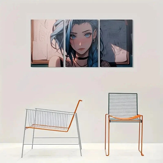 3pcs Anime Girl Blue Hair Tattooed Woman Metal Print Ready to Hang Art