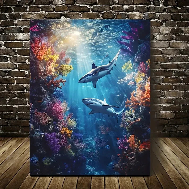 Vibrant Underwater Shark Wrestling Painting 40x60cm Metal Print Ready to Hang