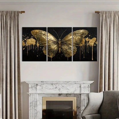 3pcs Elegant Golden Butterfly Modern Abstract Metal Print Ready to Hang Art
