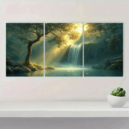 3pcs Green Forest Waterfall Serene Forest Scene Wall Art Set Canvas Framed 60x90cm - High Quality Print 100% Australian Made Wall Canvas Ready to Hang