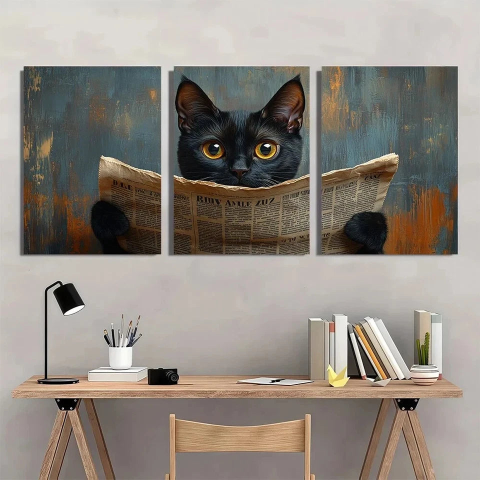 3pcs Black Cat Reading Newspaper Metal Print Ready to Hang Art