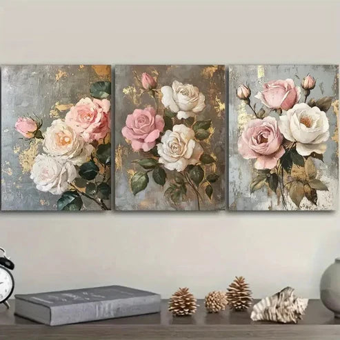3pcs Pink and White Roses Wall Art Set Canvas Unframed - High Quality Print 100% Australian Made Wall Canvas - Bella Home Decor