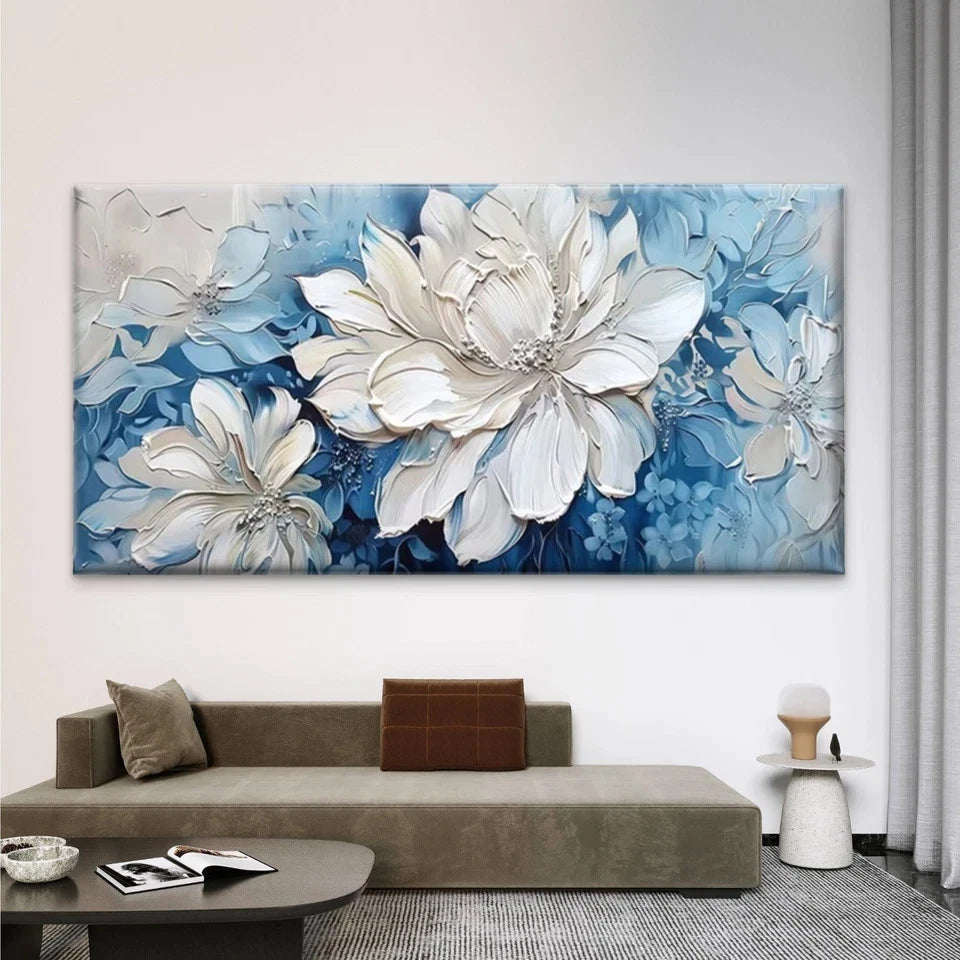 Elegant White & Blue Floral Wall Art Canvas Office Home Room Framed 120x60cm
