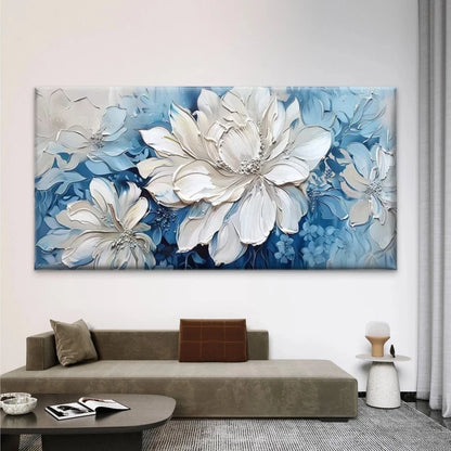 Elegant White & Blue Floral Wall Art Canvas Office Home Room Framed 120x60cm