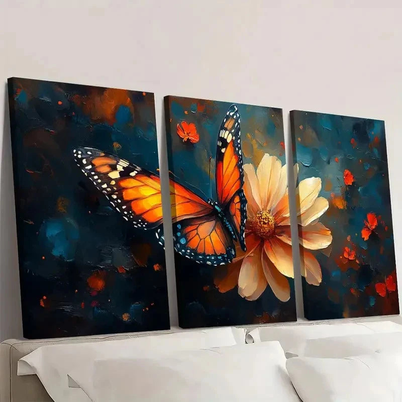 3pcs Vibrant Butterfly & Flower Wall Art Set Canvas Framed 50x70cm - High Quality Print 100% Australian Made Wall Canvas Ready to Hang
