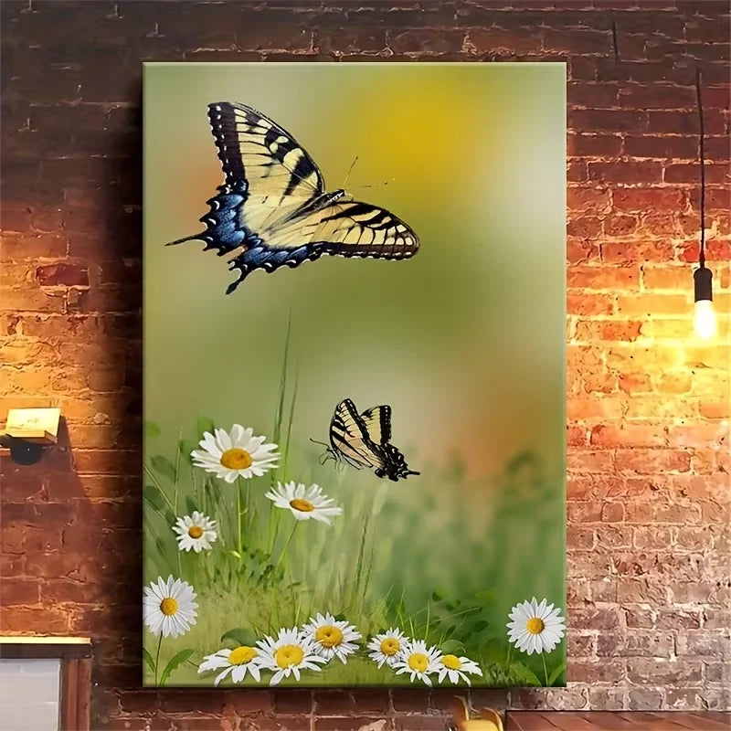 Butterfly Daisies Nature Oil Painting Metal Print Ready to Hang