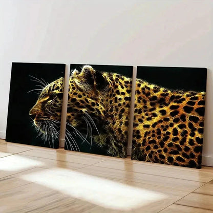 3pcs Leopard on a Black Background Wall Art Set Canvas Framed 40x60cm - High Quality Print 100% Australian Made Wall Canvas Ready to Hang