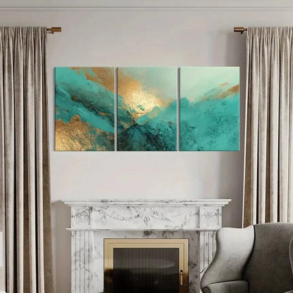 3pcs Modern Abstract Teal & Golden Fusion Metal Print Ready to Hang Art